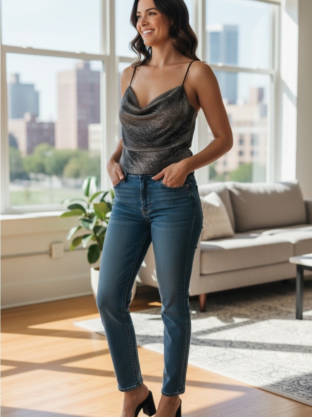 Aspeed Metallic Black Cowl Neck Tank Top